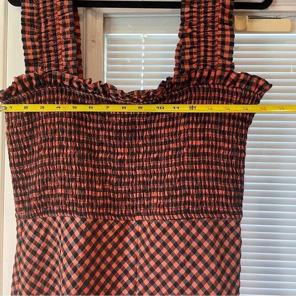 Ganni Smocked Gingham Midi Dress Orange and Black Sleeveless Dress NWT - Picture 14 of 16